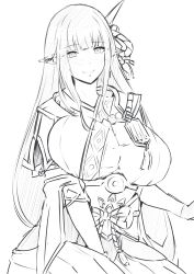 1girl absurdres bad_id bad_twitter_id breasts food greyscale hair_ornament highres hime_cut hinoa large_breasts latte_(latte_daruta2) lineart monochrome monster_hunter_(series) monster_hunter_rise pointy_ears simple_background sketch smile solo unfinished wagashi white_background
