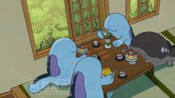 clodsire commentary_request creatures_(company) cup drooling food game_freak gen_2_pokemon holding holding_spoon ice_cream nintendo no_humans open_window pic_koiwai pokemon pokemon_(creature) pudding quagsire spoon sundae table tatami twitter_username watermark window