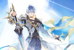 1boy absurdres antenna_hair armor black_choker black_gloves black_pants black_shirt blue_cape blue_eyes blue_sky cape choker coat cowboy_shot crossed_bangs fingerless_gloves gloves gold_trim hair_between_eyes hand_up hashtag-only_commentary highres holding holding_sword holding_weapon honkai:_star_rail honkai_(series) hush_(xoxo_hush) light_rays long_sleeves looking_at_viewer male_focus neck_tattoo pants parted_bangs parted_lips pauldrons phainon_(honkai:_star_rail) shirt short_hair shoulder_armor single_glove single_pauldron sky sleeve_cuffs smile solo standing sun sun_symbol sun_tattoo sunlight sword tan tattoo thigh_strap two-sided_cape two-sided_fabric weapon white_coat white_hair yellow_cape
