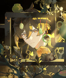 1boy absurdres ahoge black_coat blurry branch brown_eyes brown_hair chinese_clothes closed_mouth coat crackingtaro day expressionless gem genshin_impact hair_between_eyes highres jade_(gemstone) light looking_at_viewer male_focus short_hair sidelocks solo sunlight upper_body vase zhongli_(genshin_impact) zhongli_(lantern_rite)_(genshin_impact)