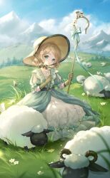 1girl :o aqua_bow aqua_eyes artist_request belt belt_buckle betty&#039;s_lamb_(shining_nikki) black_belt blonde_hair blue_eyes blue_sky bow bowtie braid buckle child choker cloud collarbone daisy_(flower) day dress eyelashes flower frilled_sleeves frills full_body game_cg gloves grass green_bow green_bowtie green_choker green_gloves hair_flower hair_ornament hairclip hand_on_own_chest hat highres hill holding holding_staff jewelry kneeling layered_dress light_particles long_dress mountainous_horizon necklace nikki_(series) o-ring o-ring_belt official_art on_grass open_mouth outdoors pleated_dress puffy_short_sleeves puffy_sleeves sheep shining_nikki short_hair short_sleeves single_braid sky sleeve_bow solo staff sun_hat susan_(shining_nikki) tareme white_bow white_dress white_flower yellow_hat