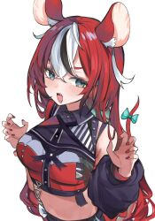 1girl animal_ear_fluff animal_ears appleseed_(appleseed_art) black_hair blue_eyes bow breasts center_frills claw_pose collared_shirt colored_tips commentary_request cropped_shirt crossed_bangs detached_sleeves double-parted_bangs frills hair_between_eyes hakos_baelz hands_up highres hololive hololive_english hololive_idol_uniform_(color_rise) idol_clothes long_hair looking_at_viewer medium_breasts midriff mouse_ears mouse_girl mouse_tail multicolored_hair multicolored_shirt nail_polish official_alternate_costume open_mouth puffy_detached_sleeves puffy_short_sleeves puffy_sleeves red_hair red_nails red_shirt sharp_teeth shirt short_sleeves simple_background single_detached_sleeve single_sleeve solo streaked_hair tail tail_bow tail_ornament teeth upper_body very_long_hair virtual_youtuber white_background white_hair