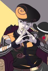 1boy 1other afro black_gloves black_hair black_hat black_shirt bowl bowl_hat gloves hat highres jojo_no_kimyou_na_bouken jojolion kristallion red_eyes shirt sitting stand_(jojo) stuffed_animal stuffed_toy teddy_bear tooru_(jojolion) upper_body white_sleeves wonder_of_u yellow_lips