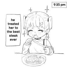 1girl blush closed_eyes commentary eating english_commentary english_text food food_on_face highres holding holding_knife kitavana knife meat original sketch sparkle