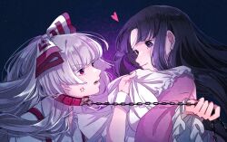 Rule 34 | 2girls, anger vein, angry, black background, black eyes, black hair, blush, bow, chain, chain leash, collar, from side, fujiwara no mokou, gradient background, hair bow, heart, highres, hime cut, holding, holding chain, holding leash, houraisan kaguya, leash, long sleeves, looking at another, mokoiscat, multiple girls, open mouth, pink shirt, puffy sleeves, purple background, red eyes, shirt, smile, spoken heart, touhou, white hair, white shirt, wrist cuffs