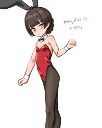 alternate_costume animal_ear_hairband animal_ears black_bow black_bowtie black_hair black_pantyhose blunt_bangs bow bowtie braid braided_bun brown_eyes dated detached_collar double_bun fake_animal_ears feet_out_of_frame hair_bun hairband highres kantai_collection leotard maru_(marg0613) pantyhose playboy_bunny rabbit_ears red_leotard simple_background strapless strapless_leotard twin_braids twitter_username white_background wrist_cuffs yawata_maru_(kancolle)