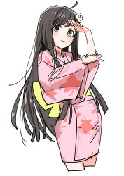 Rule 34 | 1girl, absurdres, araragi tsukihi, black hair, blush, closed mouth, cowboy shot, cropped legs, egg hair ornament, food-themed hair ornament, grey eyes, hair ornament, haruyuki (gffewuoutgblubh), highres, japanese clothes, kimono, long hair, long sleeves, looking at viewer, monogatari (series), pink kimono, simple background, smile, solo, standing, very long hair, white background, wide sleeves