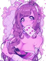 1girl animal_ears bare_shoulders breasts brown_hair card choker chon_tarou cleavage d4dj earrings fake_animal_ears frills heart heart_card highres jewelry large_breasts leotard long_hair mizushima_marika mouth_hold playboy_bunny purple_eyes rabbit_ears solo upper_body