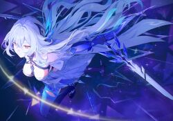 Rule 34 | 1girl, breasts, chest harness, closed mouth, dress, dual wielding, genshin impact, grey hair, hair ornament, harikoe, harness, high heels, highres, holding, holding sword, holding weapon, long hair, medium breasts, midair, purple background, purple hands, purple thighhighs, red eyes, skirk (genshin impact), solo, sword, thighhighs, weapon, white dress