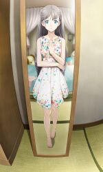 1girl :o absurdres bare_legs bare_shoulders barefoot bedroom blue_eyes casual collarbone dress ears_visible_through_hair feet female_pov floral_print fukuda_tomonori full_body game_cg grey_hair highres indoors long_hair looking_at_viewer mirror non-web_source official_art pov robotics;notes robotics;notes_dash shiny_eyes sleeveless sleeveless_dress solo stuffed_toy sundress tareme tatami yukifune_airi