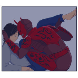 Rule 34 | 2boys, armor, black hair, blue pants, denim, grey shirt, hand on leg, holding leg up, jeans, kamen rider, kamen rider den-o (series), leaning forward, lying, male focus, momotaros, monster, monster boy, multiple boys, nogami ryoutarou, on back, oni, pants, red armor, shirt, short hair, squatting, yaoi
