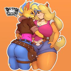 2021 2girls absurdres animal_ear_fluff animal_ears animal_nose aqua_eyes artist_logo ass asymmetrical_docking belt belt_pouch blonde_hair blue_bra blue_hair bra breast_press breasts brown_jacket cleavage collarbone commentary comparison cowboy_shot crash_bandicoot_(series) crash_bandicoot_4:_it&#039;s_about_time cropped_jacket denim english_commentary eyeshadow fingerless_gloves from_behind furry furry_female gloves hair_over_one_eye hand_on_another&#039;s_waist hands_on_another&#039;s_hips highres hug huge_ass jacket jeans large_breasts logo long_ears long_hair looking_at_viewer makeup midriff mohawk mole mole_under_eye mrdeathcat multicolored_hair multiple_girls navel orange_background padded_gloves pants parted_lips pouch purple_shirt shirt short_hair short_shorts short_sleeves shorts simple_background size_difference smile standing tawna_bandicoot tawna_bandicoot_(it&#039;s_about_time) teeth thick_thighs thigh_strap thighs torn_clothes torn_pants two-tone_hair underwear very_long_hair wide_hips