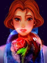 1girl beauty_and_the_beast_(disney) belle_(disney) brown_eyes brown_hair dress flower lips long_hair looking_at_viewer nyamunekonabe ponytail red_flower red_rose rose solo tagme upper_body