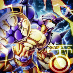armor blitzmon cowboy_shot digimon digimon_(creature) digimon_frontier electricity gloves helmet no_humans pikkar solo upper_body yellow_eyes