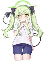 1girl absurdres arm_at_side blue_archive blue_shorts blush chestnut_mouth clothes_grab cropped_legs demon_tail green_hair green_halo hair_between_eyes halo hand_up highres hikari_(blue_archive) legs_together loli long_hair long_sidelocks looking_at_viewer off_shoulder open_mouth pants pointy_ears saku_art3 shirt short_eyebrows short_sleeves shorts sidelocks simple_background single_bare_shoulder solo straight-on sweat swept_bangs tail tail_raised thigh_gap tight_clothes tight_pants twintails v-shaped_eyebrows white_background white_shirt yellow_eyes