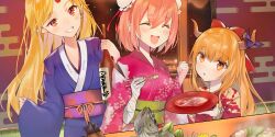 3girls alternate_costume bandaged_arm bandages blonde_hair blush bottle bow brown_horns bun_cover chopsticks closed_eyes commentary cup double_bun english_commentary fish_(food) food food_request game_cg grin hair_bow hair_bun highres holding holding_bottle holding_chopsticks holding_cup horn_ornament horn_ribbon horns hoshiguma_yuugi ibaraki_kasen ibuki_suika japanese_clothes kimono long_hair long_sleeves medium_hair multiple_girls nana_kagura obi obijime official_art oni open_mouth orange_eyes orange_hair pink_hair pink_kimono pointy_ears purple_kimono red_bow red_horns red_kimono ribbon sakazuki sash single_horn smile third-party_source touhou touhou_lostword wide_sleeves