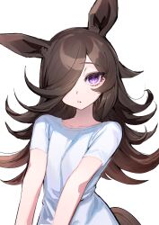 1girl absurdres animal_ears brown_hair expressionless flat_chest hair_over_one_eye highres horse_ears horse_girl horse_tail kokemozuku long_hair looking_at_viewer purple_eyes rice_shower_(umamusume) shirt simple_background solo tail umamusume upper_body white_background white_shirt