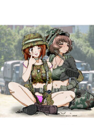 2girls akiyama_yukari bandaid belt breasts brown_eyes brown_hair closed_eyes dog_tags girls_und_panzer gloves helmet looking_at_viewer medium_breasts military military_uniform multiple_girls nakamura_3sou nishizumi_miho one_eye_closed short_hair sitting tongue tongue_out