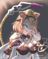 Rule 34 | 1girl, ;o, abnaki, animal ears, artist name, bikini, black bikini, black gloves, black hairband, breasts, brown hair, cat ears, cat girl, cat tail, cleavage, commentary request, dated, gloves, green eyes, hairband, honkai (series), honkai impact 3rd, medium breasts, one eye closed, pardofelis, pardofelis (reverist calico), short hair with long locks, single glove, solo, stomach, swimsuit, tail, teeth, upper body