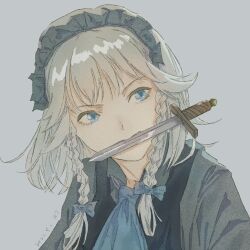 1girl ascot blue_ascot blue_eyes braid dagger gensou_getsumen_rt izayoi_sakuya knife long_hair looking_at_viewer maid_headdress solo touhou twin_braids weapon weapon_in_mouth white_hair
