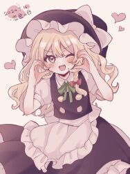 1girl apron black_hat black_skirt black_vest blonde_hair blush bow bowtie braid commentary_request green_bow green_bowtie hair_bow hananenmi hat hat_bow heart highres kirisame_marisa long_hair looking_at_viewer marisa_day one_eye_closed open_mouth puffy_short_sleeves puffy_sleeves red_bow short_sleeves side_braid single_braid skirt smile solo touhou very_long_hair vest waist_apron white_apron white_bow witch_hat yellow_eyes