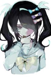 Rule 34 | 1girl, :/, ame-chan (needy girl overdose), bad anatomy, black hair, blue serafuku, bow, chest bow, expressionless, hair bow, hair ornament, hair over one eye, highres, holding throat, looking at viewer, multiple hair bows, naishukketsukata, needy girl overdose, red eyes, school uniform, serafuku, short twintails, solo, twintails, x hair ornament