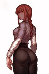 Rule 34 | 1girl, ass, black pants, breasts, chainsaw man, from behind, highres, makima (chainsaw man), pants, ponytail, red hair, redteneri, ringed eyes, shirt, sideboob, white shirt, yellow eyes