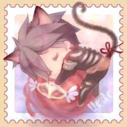 Rule 34 | 1boy, animal ears, black bodysuit, bodysuit, border, brown border, cat boy, cat ears, cat tail, closed eyes, closed mouth, commentary request, full body, grey hair, guillotine cross (ragnarok online), male focus, noco (user 1490719), ragnarok online, red ribbon, ribbon, short hair, sleeping, smile, solo, tail, tail ornament, tail ribbon, yarn, yarn ball