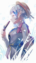 1girl absurdres artist_name ayaka_(genshin_impact) blue_hair blunt_bangs blunt_tresses braid brown_hat butterfly_hair_ornament closed_eyes closed_mouth collar commentary_request flower genshin_impact hair_flower hair_ornament hair_up hand_fan hat hat_ribbon high_collar highres holding holding_fan kamisato_ayaka kamisato_ayaka_(springbloom_missive) long_sleeves mole mole_under_eye official_alternate_costume official_alternate_hairstyle pink_ribbon ribbon sena_(sena_soar) solo upper_body white_collar white_ribbon