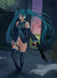 00s 1girl all_points_bulletin alley ammunition aqua_eyes aqua_hair aqua_nails bare_shoulders between_fingers black_thighhighs boots bottomless box camera cardboard_box cartridge city cleft_of_venus detached_sleeves dual-mode_shotgun dusk dutch_angle female_focus full_body grin gun hair_between_eyes hair_ribbon hatsune_miku headphones highres holding lasterk long_hair looking_at_viewer nail_polish navel necktie no_panties outdoors panties panties_around_leg parted_lips pump-action_shotgun pump_action pussy pussy_juice ribbon security_camera semi-automatic_shotgun shotgun shotgun_shell smile solo spas-12 stairs standing thigh_boots thigh_strap thighhighs trigger_discipline twintails uncensored underwear vocaloid weapon wind wind_lift window