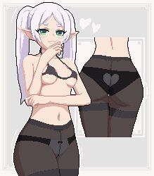:3 ass ass_focus back-print_panties bikini bikini_top_only black_bikini black_bra black_panties black_pantyhose bra breasts cowboy_shot elbow_on_arm eyelashes eyes_visible_through_hair frieren green_eyes hand_to_own_mouth heart heart_panties heart_print highres light_blush long_hair looking_at_viewer multicolored_panties multiple_views navel panties panties_under_pantyhose pantyhose parted_bangs pixel_art pointy_ears print_panties seiko093 short_eyebrows sidelocks small_breasts sousou_no_frieren standing swimsuit thighband_pantyhose thighs twintails underwear underwear_only white_hair white_panties