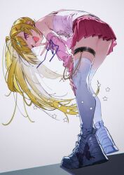 1girl ;d bent_over blonde_hair breasts detached_sleeves grey_background hair_ornament hairclip hashtag-only_commentary highres hoshikawa_sara long_hair looking_at_viewer nijisanji one_eye_closed open_mouth pink_eyes pink_nails pink_shirt pink_skirt pink_sleeves pleated_skirt ponytail shiomi_(lowrise) shirt shoes simple_background skirt smile standing thigh_strap thighhighs v virtual_youtuber white_shoes white_thighhighs