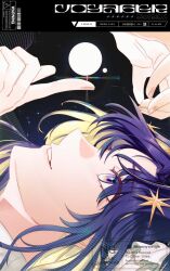 1girl black_background blonde_hair blue_eyes blue_hair character_name circle colored_inner_hair grin hair_ornament hand_up highres index_finger_raised long_hair multicolored_hair omyongk portrait reverse:1999 sideways smile solo star_(symbol) star_hair_ornament teeth voyager_(reverse:1999) watermark