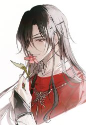 1boy absurdres bishounen black_hair black_nails bracer braid bridal_gauntlets brown_eyes butterfly_necklace chinese_clothes closed_mouth eyepatch flower hanfu highres holding holding_flower hua_cheng implied_yaoi jewelry long_hair looking_down male_focus mandarin_collar nail_polish necklace one_eye_covered pink_flower red_hanfu side_braid silver_necklace simple_background single_braid smelling smelling_flower smile solo tianguan_cifu upper_body white_background young57440489 yuanlingpao