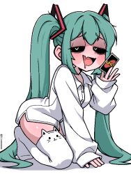 1girl animal_ear_legwear aqua_hair black_sclera blush card cat_ear_legwear collared_shirt colored_sclera drooling fang half-closed_eyes hatsune_miku heart heart-shaped_pupils holding holding_card jaggy_lines ji_heeeeeee kneeling korean_commentary loli long_hair long_sleeves looking_at_viewer mimukauwa_nice_try_(vocaloid) mouth_drool open_mouth oversized_clothes oversized_shirt shirt simple_background skin_fang sleeves_past_wrists solo symbol-shaped_pupils thighhighs twintails twitter_username uno_(game) very_long_hair vocaloid white_background white_shirt white_thighhighs