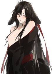 1boy androgynous animal_ears bare_pectorals bare_shoulders black_eyes black_hair black_hanfu blush branded chinese_clothes collarbone hair_between_eyes hair_down hair_ribbon half_updo hanfu highres long_hair looking_at_viewer male_focus manjuyawaraka modao_zushi nipples non-web_source off_shoulder official_alternate_hairstyle open_clothes open_mouth open_robe parted_lips pectorals rabbit_boy rabbit_ears rabbit_tail red_ribbon red_sash ribbon robe sash sidelocks simple_background solo sweat tail tattoo trap very_long_hair wei_wuxian wei_wuxian_(yiling_laozu) white_background