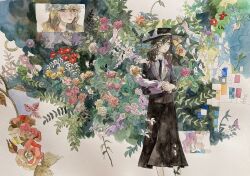 2girls abstract_background bird black_hat black_jacket black_necktie black_skirt blazer blonde_hair blue_background blue_dress blue_eyes bow brown_hair bug bush butterfly closed_mouth cloud collar commentary_request disembodied_hand dress feet_out_of_frame flower flying_animal grabbing_another&#039;s_hand half-closed_eyes hat hat_bow hat_ribbon highres holding holding_flower holding_leaf insect inset jacket lapel_pin leaf light_frown long_hair long_skirt long_sleeves low-tied_sidelocks maribel_hearn medium_hair messy_hair mob_cap mori_zakuro6 multiple_girls multiple_persona multiple_views necktie partially_unbuttoned pointing purple_hair purple_sleeves ribbon shirt sidelocks single_sidelock skirt touhou transformation usami_renko white_background white_bird white_bow white_butterfly white_collar white_hat white_ribbon white_shirt yellow_eyes