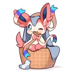 Rule 34 | absurdres, animal focus, basket, blanket, blue eyes, blush, closed mouth, gen 6 pokemon, highres, laundry, laundry basket, looking at viewer, nintendo, no humans, one eye closed, pokemon, pokemon (creature), pokemon focus, ribbon, sevi (seviyummy), simple background, smile, socks, solo, sylveon, white background