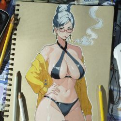 Rule 34 | 1girl, alternate costume, ashwin artss, ayase seiko, bikini, black bikini, breasts, cardigan, cigarette, colored pencil (medium), dandadan, glasses, hand on own hip, highres, large breasts, mature female, navel, serious, smoking, solo, swimsuit, tall hair, toned, traditional media, yellow cardigan