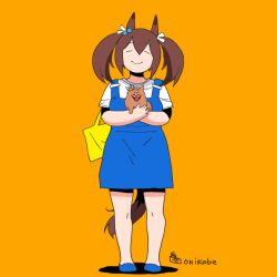 Rule 34 | 1girl, animal, animal ears, animalization, biko pegasus (umamusume), blue dress, blue shoes, brown hair, closed eyes, closed mouth, commentary request, dog, dress, full body, hishi akebono (umamusume), holding, holding animal, holding dog, horse ears, horse girl, horse tail, medium hair, onikobe rin, open mouth, orange background, pinafore dress, pomeranian (dog), shirt, shoes, simple background, sleeveless, sleeveless dress, smile, solo, tail, twintails, umamusume, white shirt