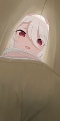 1girl bra breasts cameltoe clothes_pull fingernails from_below hair_between_eyes highres hiroki_(yyqw7151) kokkoro_(princess_connect!) looking_at_viewer open_mouth pajamas pants princess_connect! red_eyes shirt small_breasts solo stomach underwear upshirt upshorts white_bra white_hair yellow_pants yellow_shirt