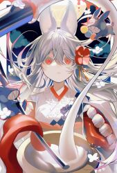 1girl absurdres animal animal_ears flower food frown grey_hair hair_between_eyes hair_flower hair_ornament highres holding holding_food kine long_hair looking_at_viewer mallet mochi ofuda ofuda_on_head original rabbit rabbit_ears rabbit_girl red_eyes red_flower sainome_(imveryfinethx) solo