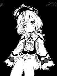 1girl absurdres asymmetrical_bangs bead_necklace beads black_background commentary eyelashes genshin_impact hat head_tilt highres jewelry looking_at_viewer lughost medium_hair necklace ofuda ofuda_on_head parted_bangs qingdai_guanmao qiqi_(genshin_impact) simple_background sitting solo tassel wide_sleeves