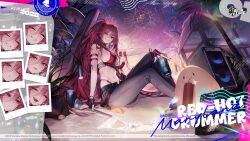 :d aerial_fireworks amplifier azur_lane beach black_gloves black_nails black_pants breasts can chyan drum drum_set fingerless_gloves fireworks gloves high_ponytail highleg highleg_panties highres holding holding_can instrument large_breasts light_blush logo long_bangs long_hair looking_at_viewer manjuu_(azur_lane) maryland_(azur_lane) maryland_(red-hot_drummer)_(azur_lane) multiple_expressions navel official_alternate_costume official_art open_mouth palm_leaf palm_tree panties pants ponytail red_eyes red_hair sand sideboob sitting smile stomach sunset tree underwear very_long_hair