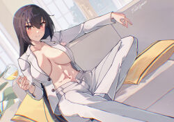 1girl black_hair border commentary_request cup formal_clothes grey_vest hair_between_eyes highres himeyamato holding holding_cup jacket kantai_collection long_hair long_sleeves looking_at_viewer nagato_(anniversary)_(kancolle) nagato_(kancolle) navel no_bra official_alternate_costume open_clothes open_jacket pants red_eyes sitting solo suit suit_jacket very_long_hair vest white_jacket white_pants white_suit
