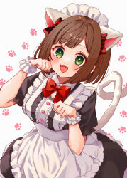1girl :d absurdres animal_ears apron black_dress blush bow braid breasts brown_hair cat_ears cat_tail commentary_request dress ear_bow fake_animal_ears frilled_apron frilled_dress frills green_eyes grey_background highres idolmaster idolmaster_cinderella_girls idolmaster_cinderella_girls_starlight_stage looking_at_viewer maekawa_miku maid maid_headdress medium_breasts open_mouth paw_pose plaid_bow puffy_short_sleeves puffy_sleeves red_bow rino_cnc short_hair short_sleeves simple_background smile solo tail white_apron wrist_cuffs