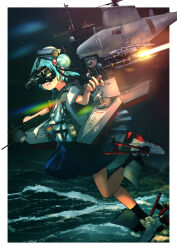 1girl adapted_turret agm-114_hellfire arm_up blue_hair blue_sailor_collar blue_skirt closed_mouth commentary_request dixie_cup_hat double_bun drone fang hair_bun hat hat_ribbon highres kantai_collection leg_up military_hat missile name_connection neckerchief night night_vision_device ocean ribbon rigging rudder_footwear sailing sailor_collar samuel_b._roberts_(kancolle) skirt timmyyen uss_samuel_b._roberts_(ffg-58)