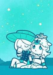 1other 2boys :&lt; absurdres aqua_theme beanie beard belt belt_buckle buckle chibi chibi_only closed_eyes commentary cowboy_hat cup drinking english_commentary facial_hair gyro_zeppeli hat highres holding holding_cup hood hood_down hoodie horseshoe_hat_ornament horseshoe_ornament johnny_joestar jojo_no_kimyou_na_bouken limited_palette m_a_a_m_8 male_focus medium_hair mug multiple_boys on_head short_sleeves sitting sky stand_(jojo) star_(sky) star_(symbol) star_print starry_sky steel_ball_run tusk_(stand) tusk_act1 wristband