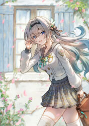 1girl absurdres bag black_bow black_hairband blue_eyes blue_pupils bow bowtie breasts brown_bag buttons commentary_request double-breasted firefly_(honkai:_star_rail) firefly_(spring_missive)_(honkai:_star_rail) gradient_hair green_bow green_bowtie green_hair grey_hair grey_sailor_collar grey_skirt hair_bow hairband hand_up highres holding holding_bag honkai:_star_rail honkai_(series) isome large_breasts long_hair long_sleeves looking_at_viewer multicolored_hair official_alternate_costume open_mouth pink_petals plaid_clothes plaid_skirt pleated_skirt sailor_collar school_bag school_uniform serafuku shirt skirt smile solo thighhighs thighs white_shirt white_thighhighs