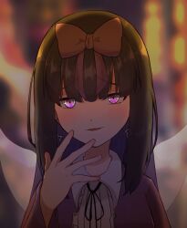 Rule 34 | 1girl, black hair, black ribbon, blunt bangs, blurry, blurry background, blush, bow, collared shirt, commentary request, cookie (touhou), earrings, fairy wings, hair bow, hand on own hip, hime cut, jacket, jewelry, long hair, looking at viewer, nanariku, neck ribbon, open clothes, open jacket, open mouth, purple bow, purple eyes, purple jacket, raised inner eyebrows, ribbon, shirt, shunga youkyu, smile, solo, star (symbol), star earrings, star sapphire, touhou, upper body, white shirt, white wings, wings